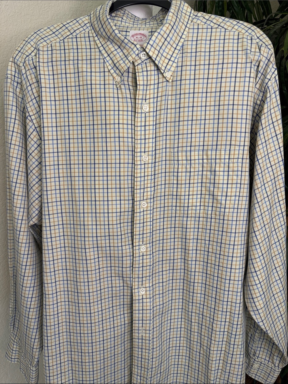 Brooks Brothers Plaid Dress Shirt Cotton Blue&Tan Windowpane Pattern Men's XL - Picture 7 of 11